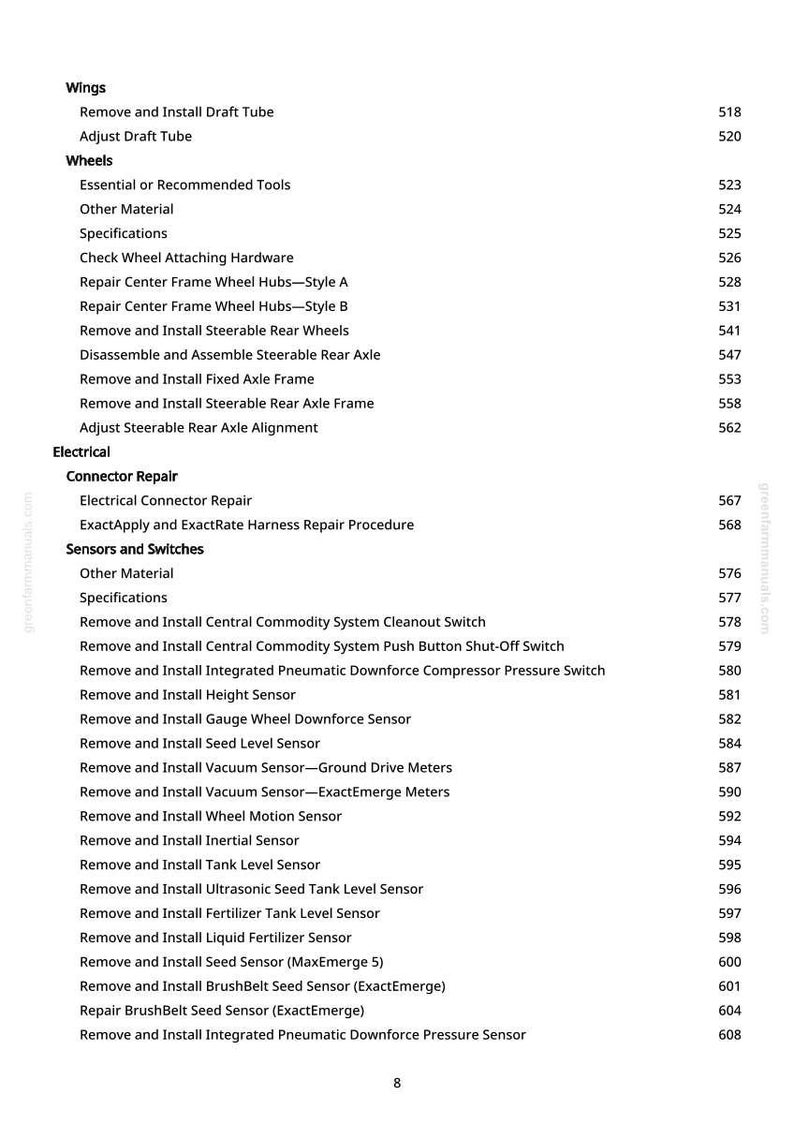 May include: A detailed contents page from a manual, listing components and procedures. Sections include Wings, Wheels, Electrical, Connector Repair, Sensors, and Switches. Page numbers are on the right.