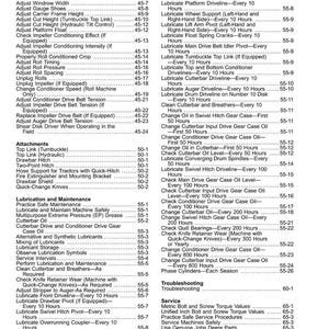 May include: A printed manual page titled "Contents" with a list of maintenance and lubrication procedures for agricultural machinery. The page includes headings and page numbers, with a white background.