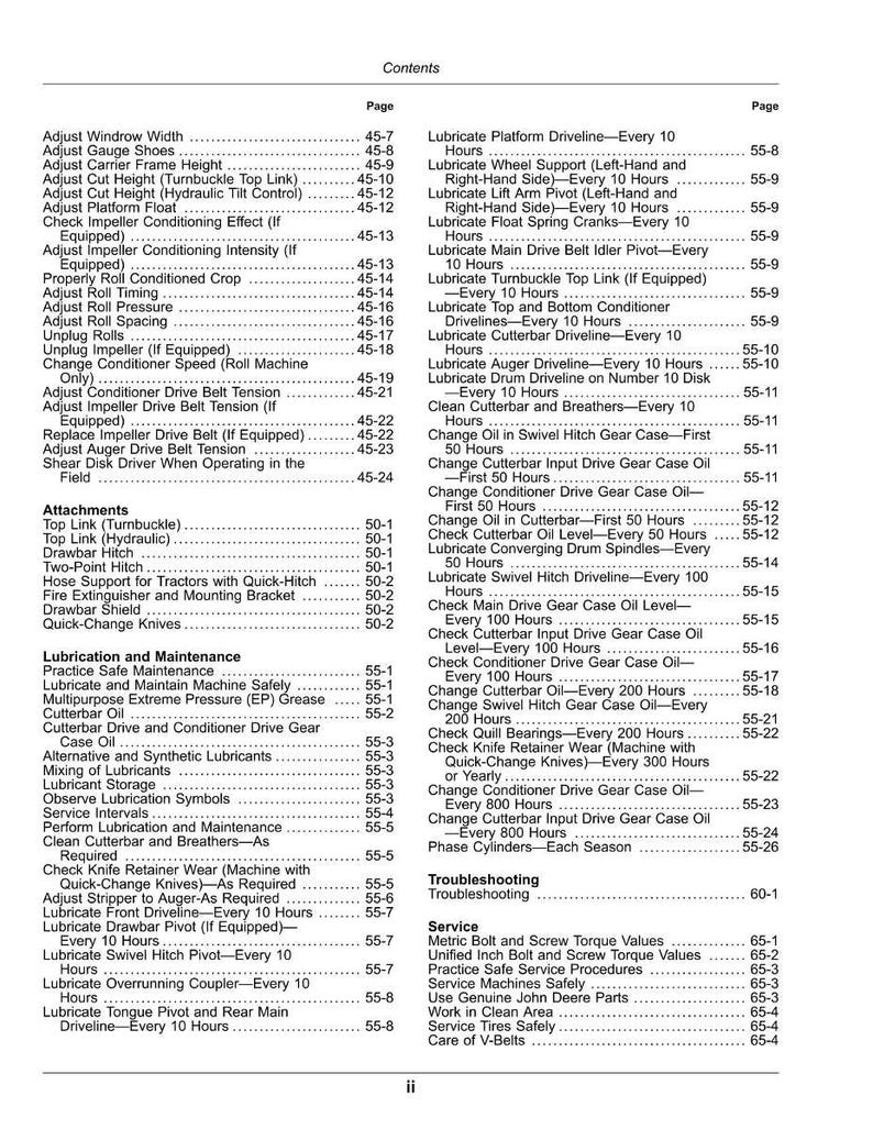 May include: A printed manual page titled "Contents" with a list of maintenance and lubrication procedures for agricultural machinery. The page includes headings and page numbers, with a white background.