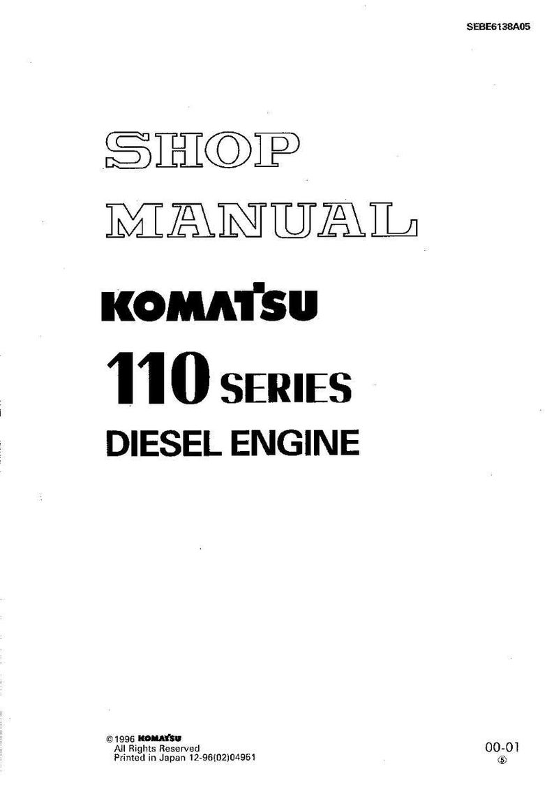 Puede incluir: Una portada de manual de taller blanca con texto negro. El texto dice "SHOP MANUAL" encima de "KOMATSU 110 SERIES DIESEL ENGINE". El logotipo de Komatsu se muestra de forma destacada.