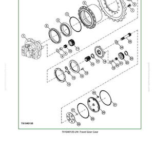 Op de afbeelding: Een explosietekening van een reisversnellingsbak, met diverse mechanische componenten zoals tandwielen, lagers en afdichtingen. Het diagram bevat labels en onderdeelnummers voor elk onderdeel, met de tekst "TX1040135-UN: Travel Gear Case" onderaan.