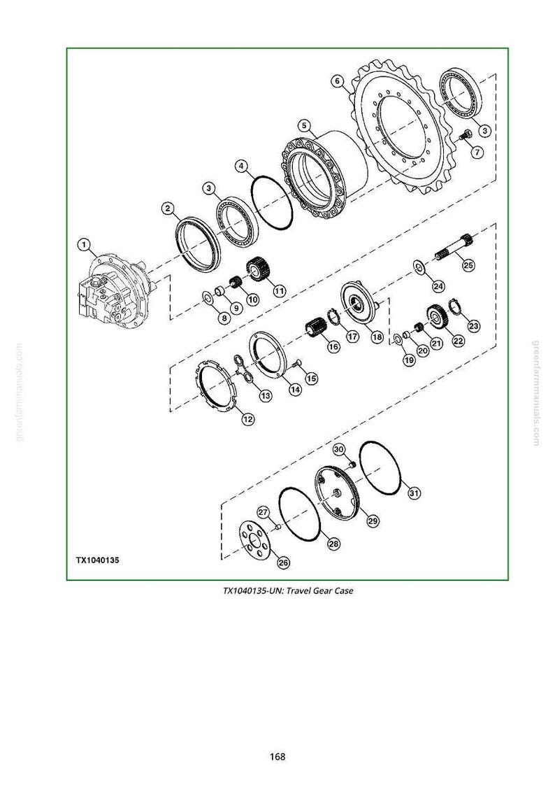 Op de afbeelding: Een explosietekening van een reisversnellingsbak, met diverse mechanische componenten zoals tandwielen, lagers en afdichtingen. Het diagram bevat labels en onderdeelnummers voor elk onderdeel, met de tekst "TX1040135-UN: Travel Gear Case" onderaan.