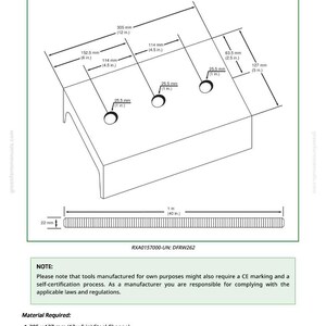 May include: Diagram of a wheel adjustment tool, labelled DFRW262, with dimensions in mm and inches. The tool includes a steel channel (305 x 127 mm), threaded rods, nuts, and a cap screw. The diagram also includes a note about CE marking.