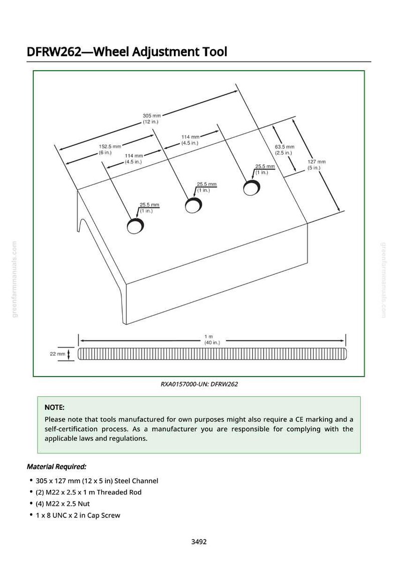 May include: Diagram of a wheel adjustment tool, labelled DFRW262, with dimensions in mm and inches. The tool includes a steel channel (305 x 127 mm), threaded rods, nuts, and a cap screw. The diagram also includes a note about CE marking.