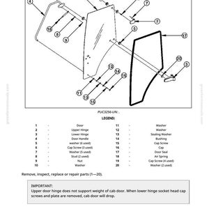 May include: Diagram of a cab door assembly with labeled parts. Includes door, hinges, handle, washers, screws, and a door seal. Text indicates the weight of the door is approximately 51 lbs.
