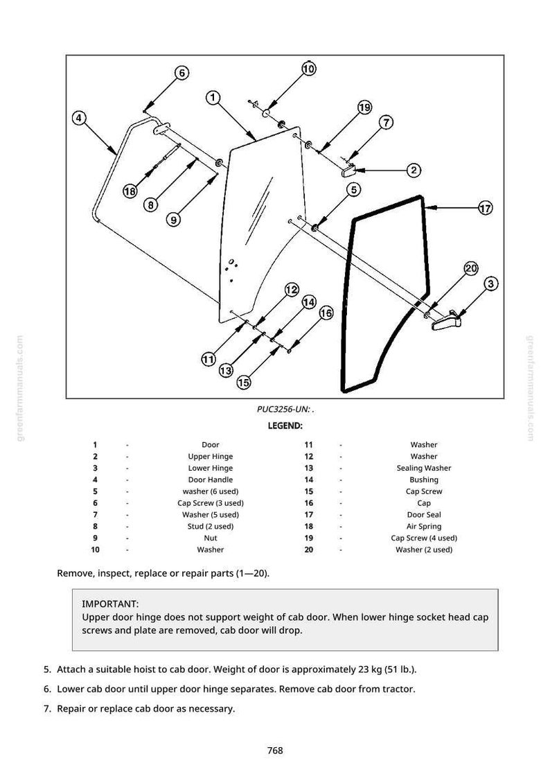 May include: Diagram of a cab door assembly with labeled parts. Includes door, hinges, handle, washers, screws, and a door seal. Text indicates the weight of the door is approximately 51 lbs.