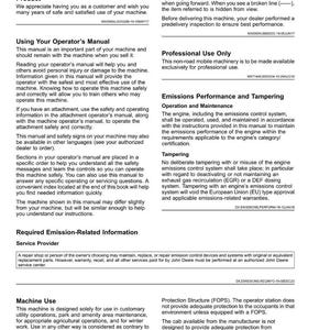 May include: A printed manual titled "Introduction" for a John Deere product. The manual includes sections on machine operation, safety, and emission-related information. It also contains warnings and instructions for professional use.