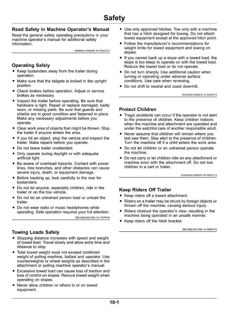 Puede incluir: Una p&aacute;gina del manual del operador de la m&aacute;quina con instrucciones de seguridad. El texto cubre temas como el funcionamiento seguro, la protecci&oacute;n de los ni&ntilde;os y el remolque. La p&aacute;gina incluye advertencias y directrices para la operaci&oacute;n segura.