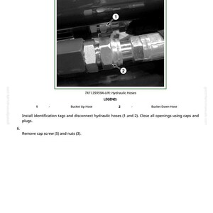 May include: Close-up of hydraulic hoses with numbered connection points. The image includes text: TX1135959A-UN: Hydraulic Hoses, and instructions for disconnecting and closing openings. The image is in black and white.