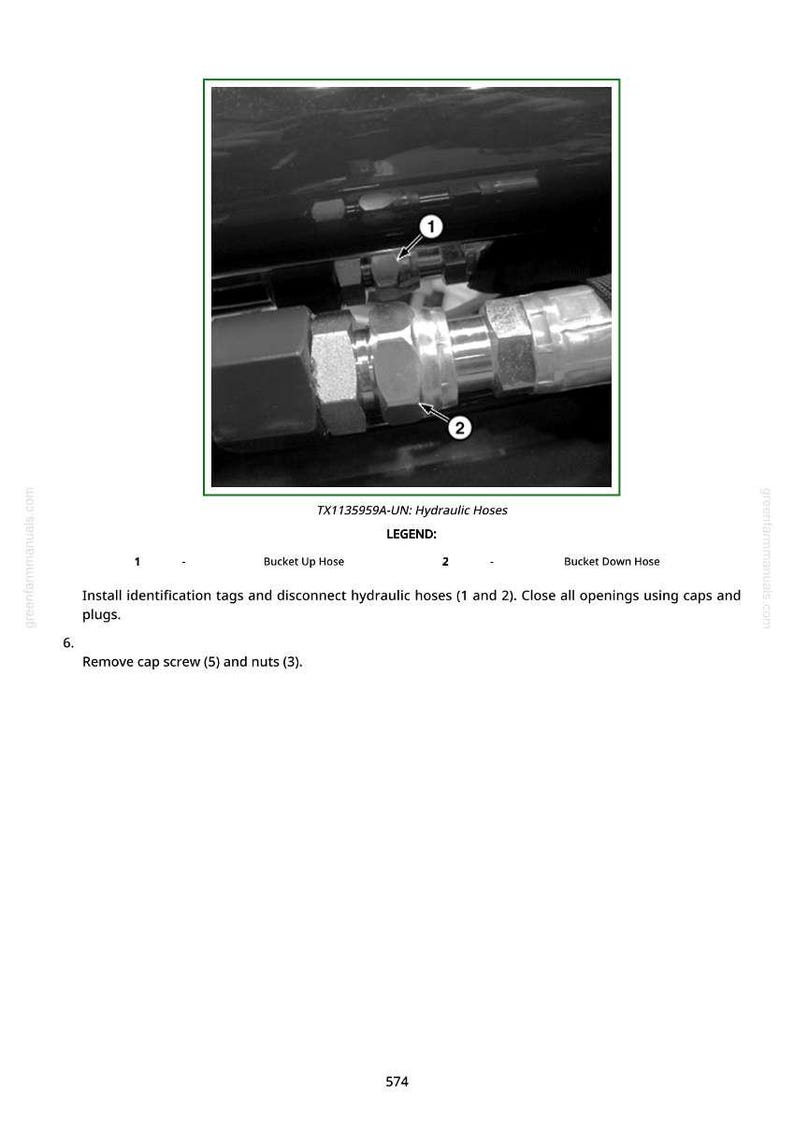 May include: Close-up of hydraulic hoses with numbered connection points. The image includes text: TX1135959A-UN: Hydraulic Hoses, and instructions for disconnecting and closing openings. The image is in black and white.