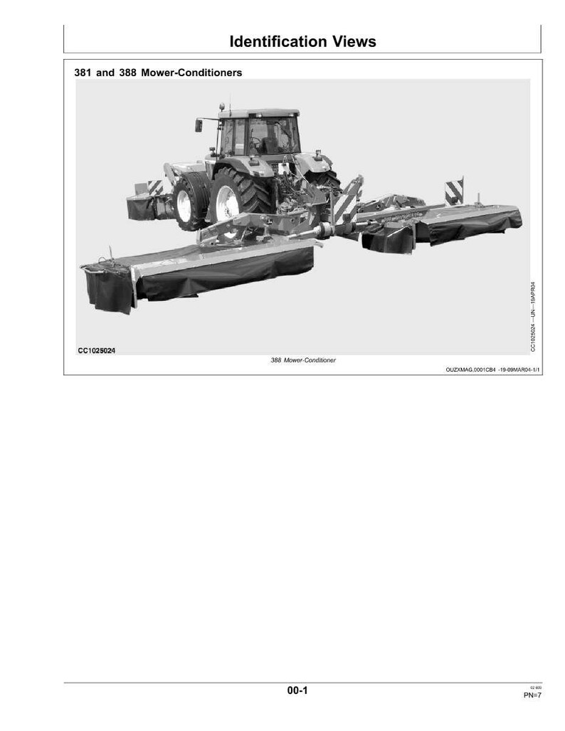 K&ouml;nnte beinhalten: Schwarz-Wei&szlig;-Illustration eines Traktors mit angebauten M&auml;haufbereitern. Das Bild enth&auml;lt den Text "Identification Views" und "381 and 388 Mower-Conditioners". Die Modellbezeichnung "388 Mower-Conditioner" ist ebenfalls zu sehen.
