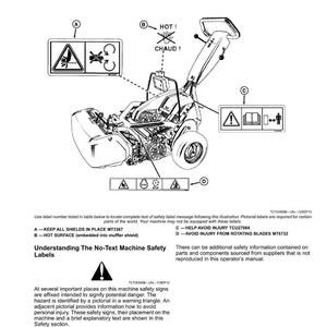 May include: Diagram of a machine with safety labels. The labels include warnings about hot surfaces, rotating blades, and potential injury. The diagram also shows the location of the safety labels on the machine.