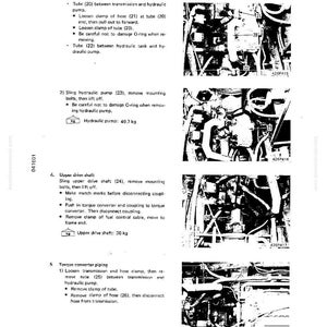 May include: A black and white technical diagram with instructions for automotive repair. The diagram includes text and illustrations detailing steps for removing and replacing parts, such as tubes, pumps, and shafts. Measurements are provided in kilograms.
