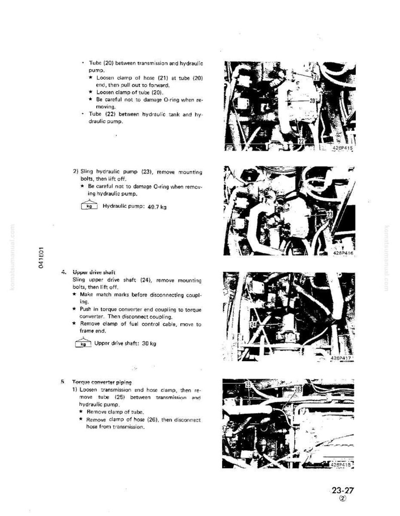 May include: A black and white technical diagram with instructions for automotive repair. The diagram includes text and illustrations detailing steps for removing and replacing parts, such as tubes, pumps, and shafts. Measurements are provided in kilograms.
