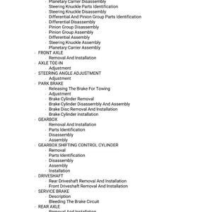 May include: A white document with a list of automotive repair procedures, including axle, brake, and gearbox maintenance. The text is in a clear, easy-to-read font, detailing steps for disassembly, assembly, and adjustment.