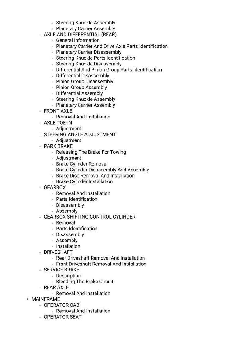May include: A white document with a list of automotive repair procedures, including axle, brake, and gearbox maintenance. The text is in a clear, easy-to-read font, detailing steps for disassembly, assembly, and adjustment.