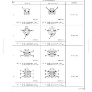 May include: Diagram of electrical connectors with pin numbers, part numbers, and wiring information. The table includes illustrations of connector types, including body (plug) and body (receptacle) styles. Text includes "Wiring table for connector pin numbers."