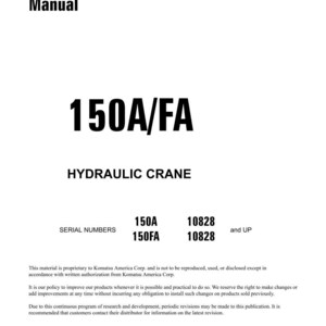 Puede incluir: Manual de taller blanco con el texto "Shop Manual" y "150A/FA HYDRAULIC CRANE". Incluye n&uacute;meros de serie e informaci&oacute;n de derechos de autor. Impreso en EE. UU. en septiembre de 2004.