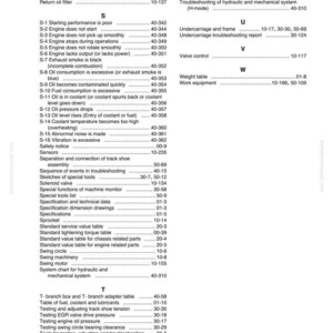 May include: A page from a manual with an index of troubleshooting topics and specifications for work equipment. The text includes headings like "Engine," "Hydraulic," and "Mechanical System," with corresponding page numbers.