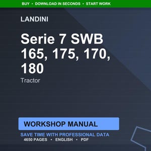 May include: A digital workshop manual for Landini Serie 7 SWB tractors, including models 165, 175, 170, and 180. The manual is in English and contains 4650 pages of professional data. The image has a dark blue background with white text.