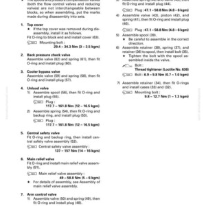 May include: A page from a manual detailing the disassembly and assembly of a control valve. The text includes instructions for various components, with torque specifications in Newton-meters and kilogram-meters. The page is white with black text.