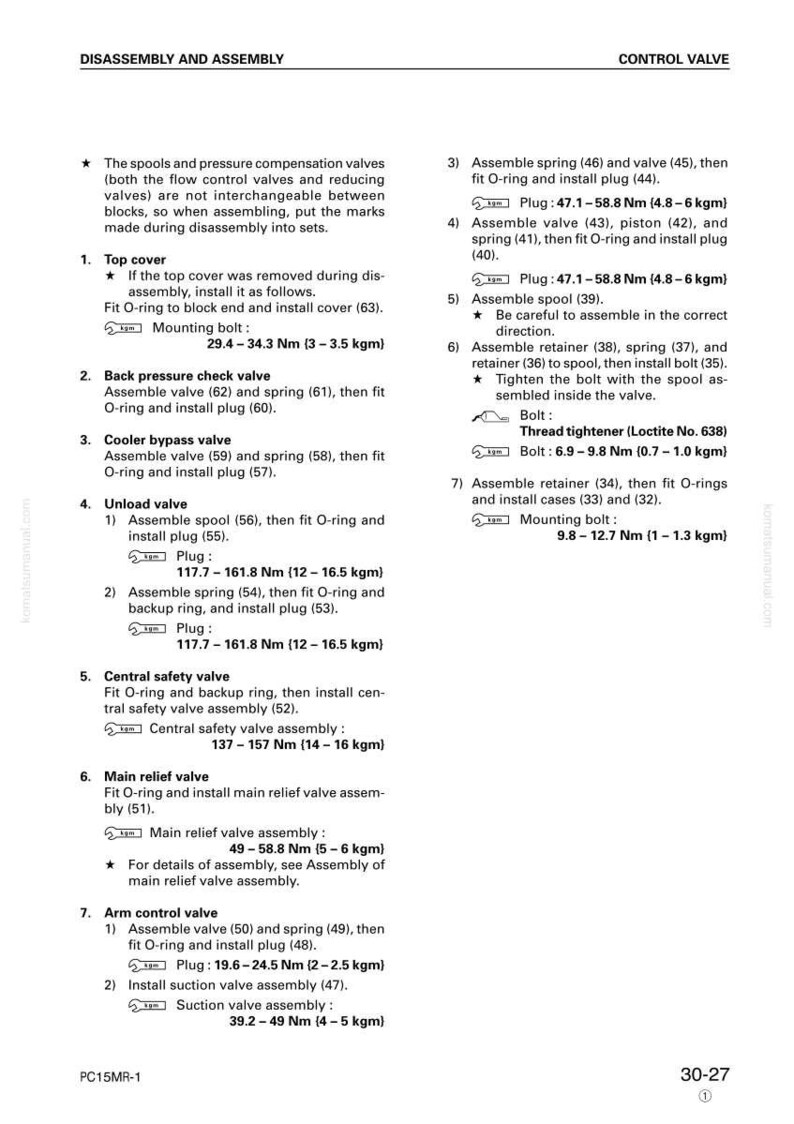 May include: A page from a manual detailing the disassembly and assembly of a control valve. The text includes instructions for various components, with torque specifications in Newton-meters and kilogram-meters. The page is white with black text.