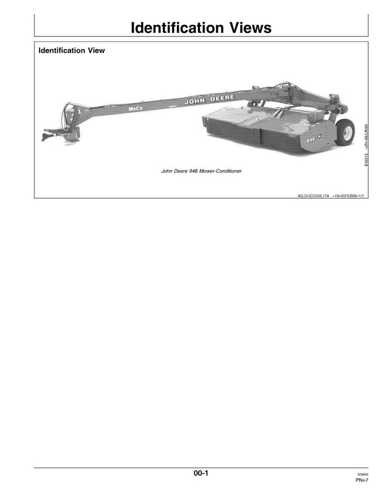 May include: An illustration of a John Deere 946 Mower-Conditioner. The machine is gray and black with the John Deere logo visible. The image includes the text "Identification View" and "Identification Views".