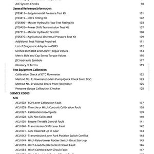 May include: A detailed page from a manual, listing various technical checks and service codes. The text includes sections on electrical systems, hydraulic tests, and ACU service codes, with corresponding page numbers for easy reference.