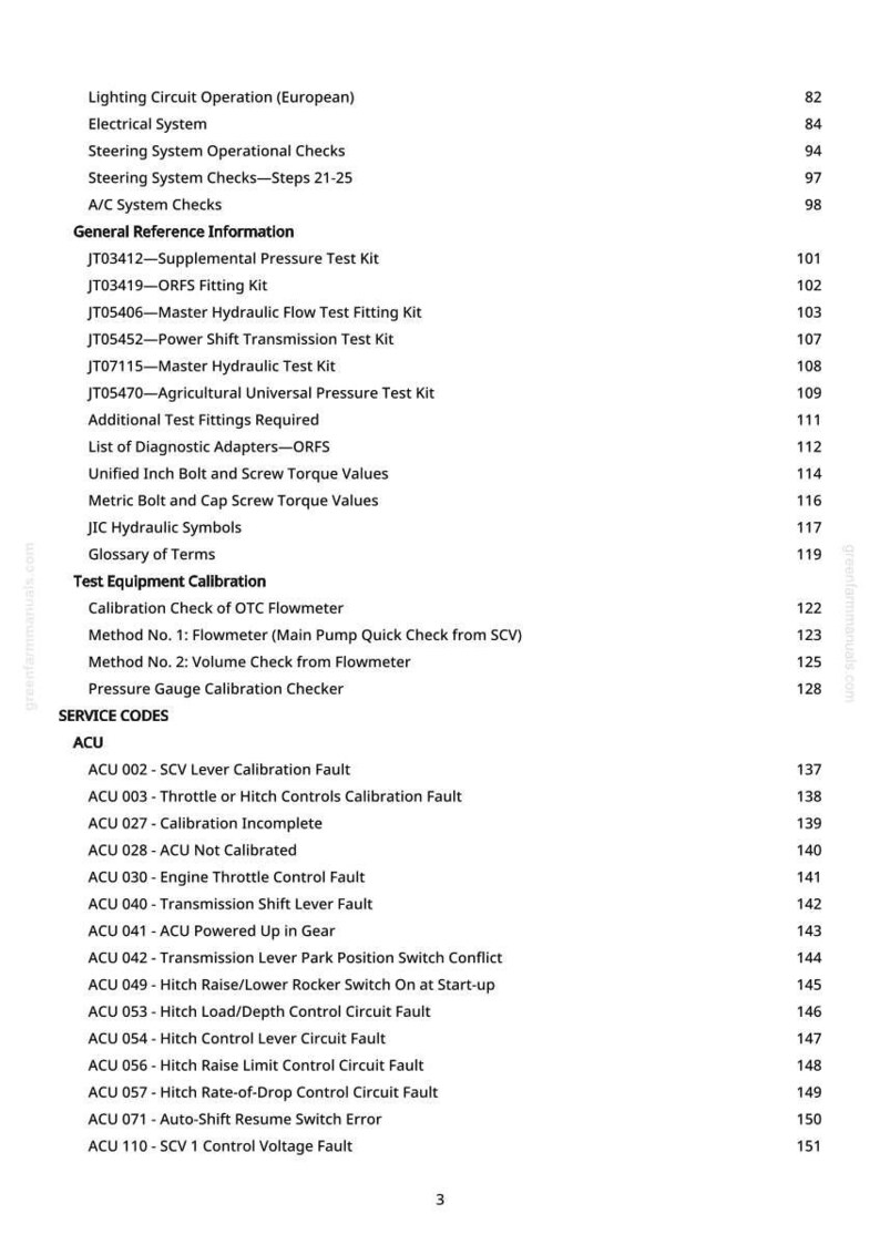 May include: A detailed page from a manual, listing various technical checks and service codes. The text includes sections on electrical systems, hydraulic tests, and ACU service codes, with corresponding page numbers for easy reference.