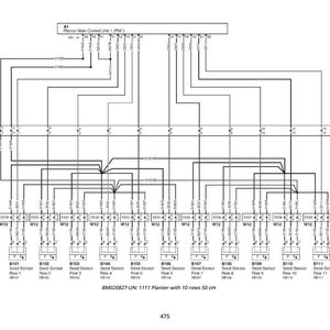 May include: A detailed wiring diagram for a planter system, featuring a central control unit and numerous interconnected components. The diagram includes labels, connectors, and a reference to a 10-row planter with 50 cm spacing.