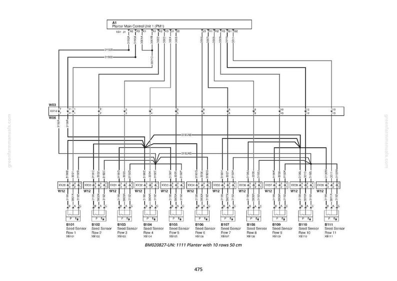 May include: A detailed wiring diagram for a planter system, featuring a central control unit and numerous interconnected components. The diagram includes labels, connectors, and a reference to a 10-row planter with 50 cm spacing.