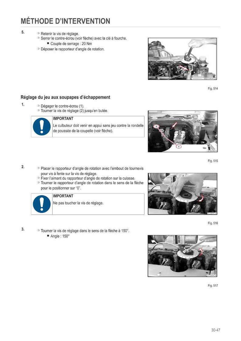 May include: A manual page with instructions for engine maintenance. It details the procedure for adjusting exhaust valve clearance, including diagrams and illustrations of tools and engine components.