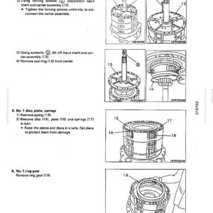 May include: Diagram of mechanical components with labels and instructions. Includes illustrations of an input shaft, carrier assembly, disc, plate, springs, and ring gear. Text includes numbered steps for disassembly.