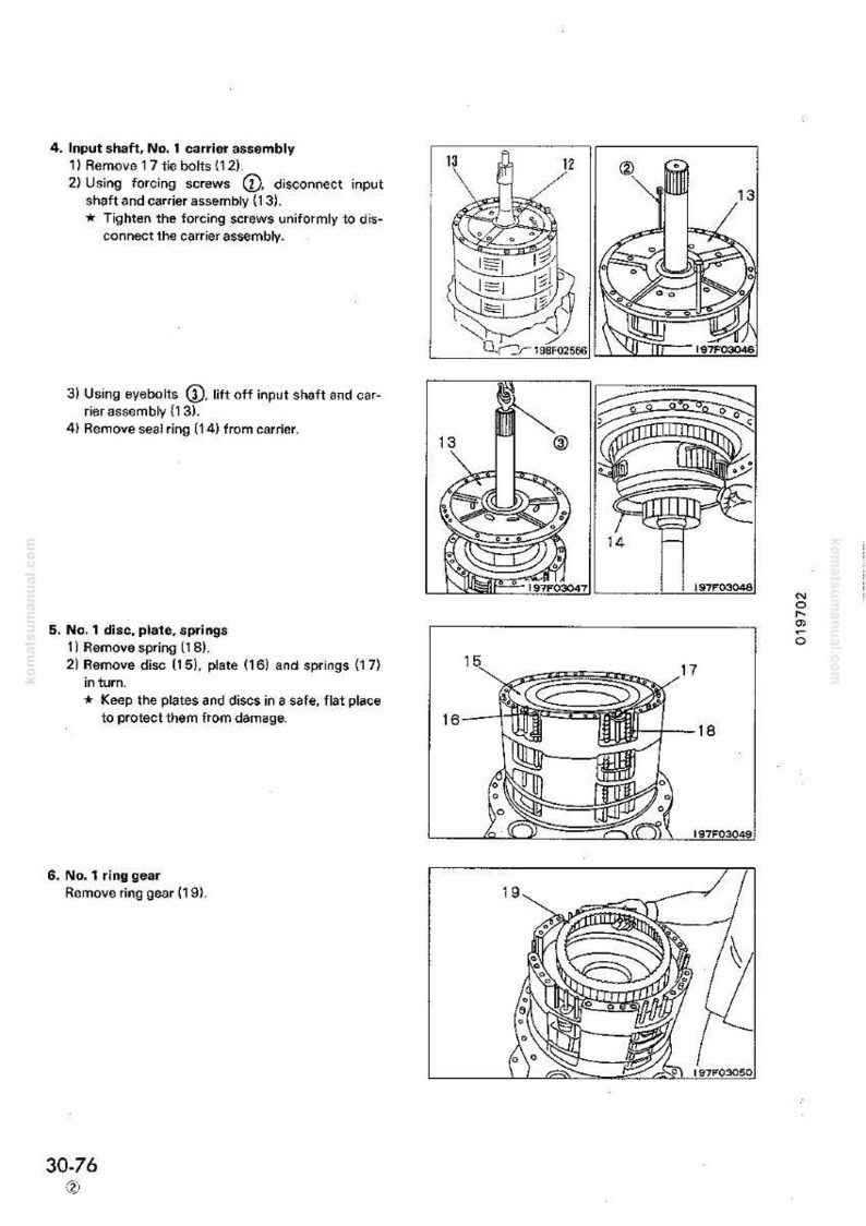 May include: Diagram of mechanical components with labels and instructions. Includes illustrations of an input shaft, carrier assembly, disc, plate, springs, and ring gear. Text includes numbered steps for disassembly.