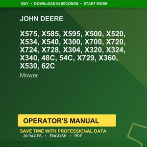 Puede incluir: Fondo verde con el texto "JOHN DEERE" y una lista de modelos de cortac&eacute;spedes. Debajo, una pancarta amarilla dice "OPERATOR'S MANUAL". Tambi&eacute;n es visible el texto "SAVE TIME WITH PROFESSIONAL DATA".