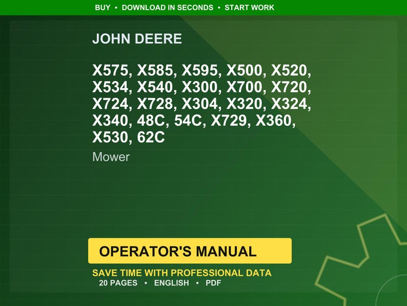 Puede incluir: Fondo verde con el texto "JOHN DEERE" y una lista de modelos de cortac&eacute;spedes. Debajo, una pancarta amarilla dice "OPERATOR'S MANUAL". Tambi&eacute;n es visible el texto "SAVE TIME WITH PROFESSIONAL DATA".