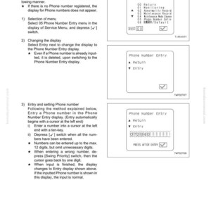 May include: A technical document page with instructions on phone number entry. It includes diagrams of a service menu and a phone number entry screen, with options for return and entry. The document also shows a phone number input field.