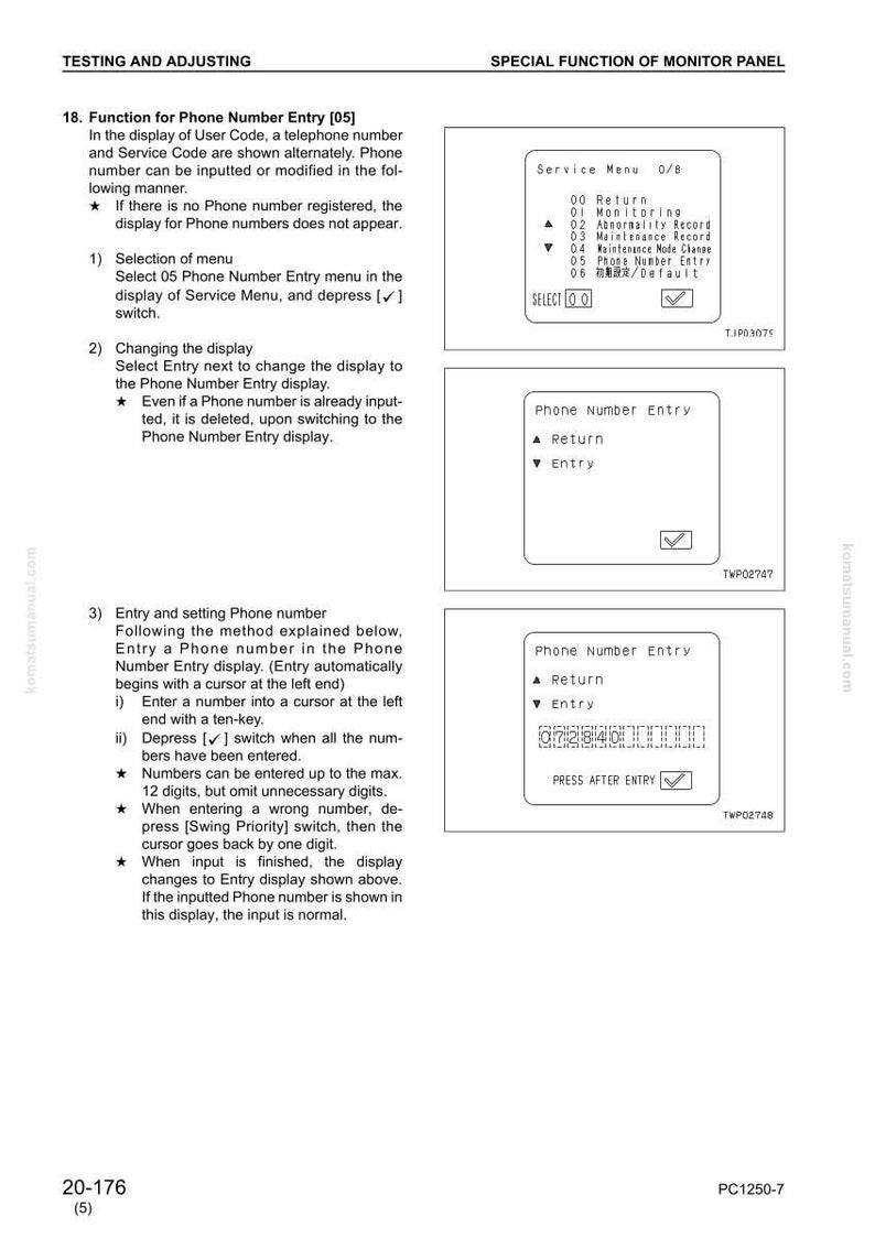 May include: A technical document page with instructions on phone number entry. It includes diagrams of a service menu and a phone number entry screen, with options for return and entry. The document also shows a phone number input field.