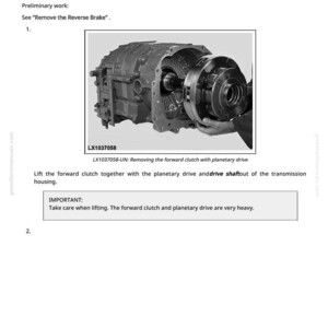 Op de afbeelding: Een diagram van een mechanisch onderdeel, mogelijk een voertuigtransmissie. De afbeelding toont de voorwaartse koppeling met planetaire aandrijving, vergezeld van tekstinstructies en onderdeelnummer LX1037058.