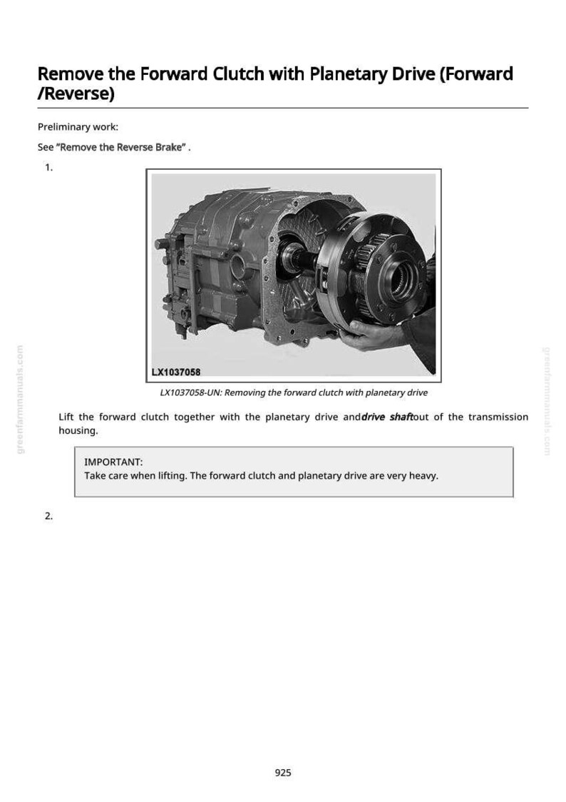 Op de afbeelding: Een diagram van een mechanisch onderdeel, mogelijk een voertuigtransmissie. De afbeelding toont de voorwaartse koppeling met planetaire aandrijving, vergezeld van tekstinstructies en onderdeelnummer LX1037058.