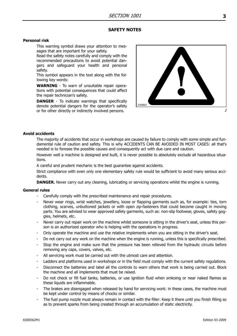 Pu&ograve; includere: Una pagina di informazioni sulla sicurezza con il titolo "NOTE DI SICUREZZA" e un simbolo di avvertimento. Il testo include precauzioni di sicurezza e avvertenze sui potenziali pericoli. Il documento &egrave; dell'edizione 03-2009.