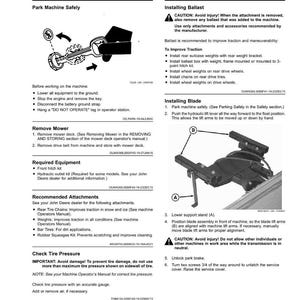 Puede incluir: Una p&aacute;gina de un manual titulada "Preparaci&oacute;n del veh&iacute;culo" con instrucciones para la seguridad de la m&aacute;quina de estacionamiento, la instalaci&oacute;n del lastre y la instalaci&oacute;n de la cuchilla. Incluye diagramas y advertencias de seguridad. El texto incluye "Retirar la segadora" y "Comprobar la presi&oacute;n de los neum&aacute;ticos".
