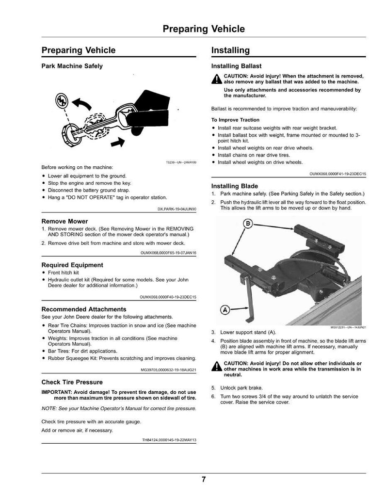 Puede incluir: Una p&aacute;gina de un manual titulada "Preparaci&oacute;n del veh&iacute;culo" con instrucciones para la seguridad de la m&aacute;quina de estacionamiento, la instalaci&oacute;n del lastre y la instalaci&oacute;n de la cuchilla. Incluye diagramas y advertencias de seguridad. El texto incluye "Retirar la segadora" y "Comprobar la presi&oacute;n de los neum&aacute;ticos".