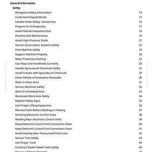 May include: A white page titled "Table of Contents" from a manual. The text lists safety topics such as "Recognize Safety Information", "Avoid Harmful Asbestos Dust", and "Service Tires Safely".