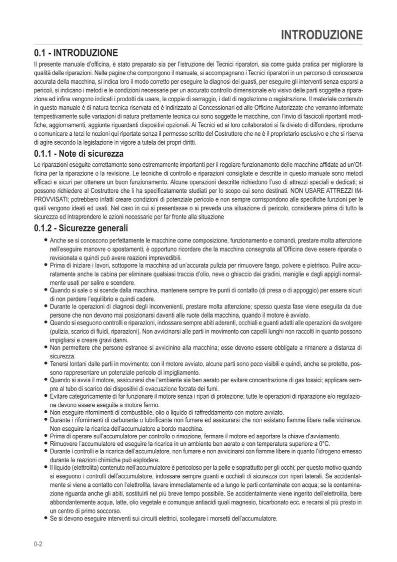 Pu&ograve; includere: Pagina di un manuale in italiano, intitolata "INTRODUZIONE" (Introduzione), con istruzioni di sicurezza per la riparazione di macchinari. Il testo sottolinea precauzioni, dispositivi di protezione e l'importanza di seguire le istruzioni.