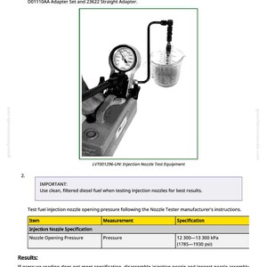 May include: An image showing a fuel injection nozzle test setup. It features a pressure gauge, a clear container, and connecting tubes. The text on the image reads "Test Fuel Injection Nozzle" and provides testing instructions.