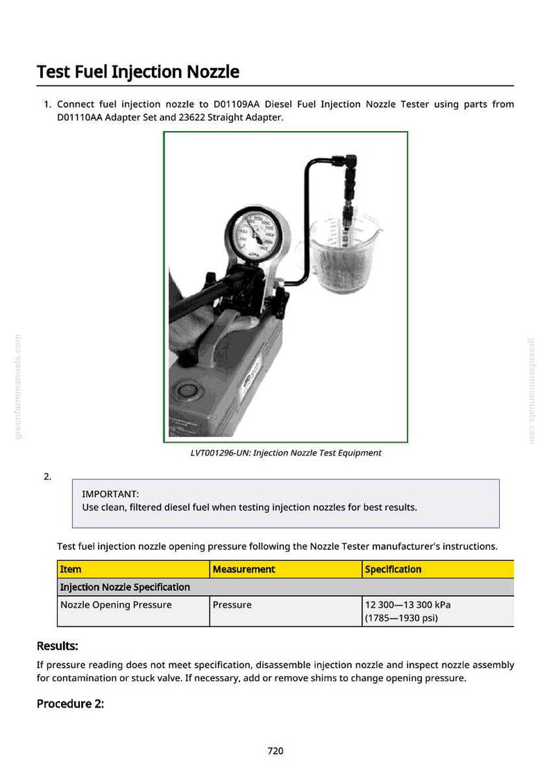 May include: An image showing a fuel injection nozzle test setup. It features a pressure gauge, a clear container, and connecting tubes. The text on the image reads "Test Fuel Injection Nozzle" and provides testing instructions.