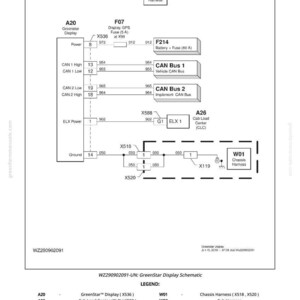 May include: Schematic diagram of a GreenStar display system, detailing electrical connections and components. Includes labels for power, CAN bus, and various fuses. The diagram is labeled with the text "WZ290902091-UN: GreenStar Display Schematic".