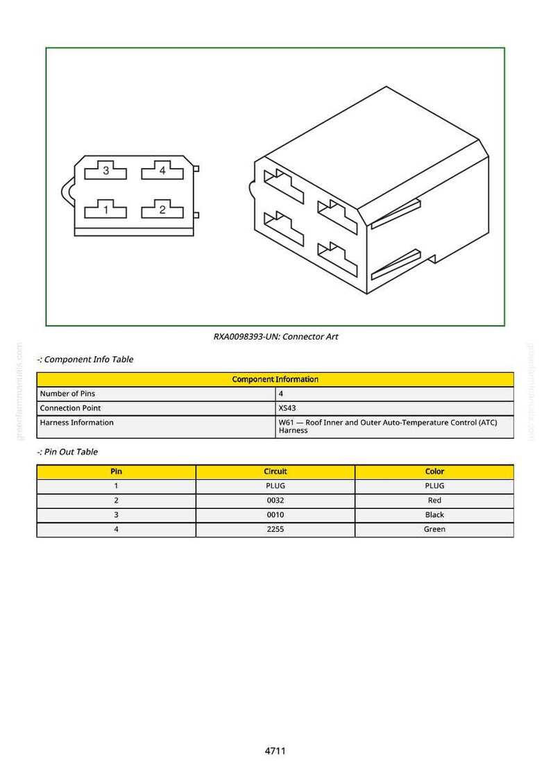 Puede incluir: Diagrama de un conector con cuatro pines, numerados 1-4, y una tabla correspondiente que detalla los circuitos y colores de los pines: plug, rojo, negro y verde. Tambi&eacute;n est&aacute; presente el texto "RXA0098393-UN: Connector Art".