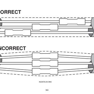 May include: Diagram illustrating correct and incorrect methods. The top section, labeled "CORRECT," shows parallel lines with rectangular connectors. The bottom section, labeled "INCORRECT," shows diverging lines. Text at the bottom reads "RG20576-UN: RWA" and "563."